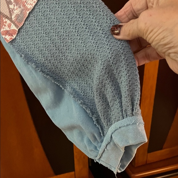 POL Shades of Blue Mixed Media Patchwork Top w/Tan-Rust-Brown-Cream Accents - Picture 6 of 13